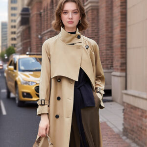 Trench Mi-Long Femme 2025 - Col Montant À Lacets, Fin, Longueur Genoux, Kaki