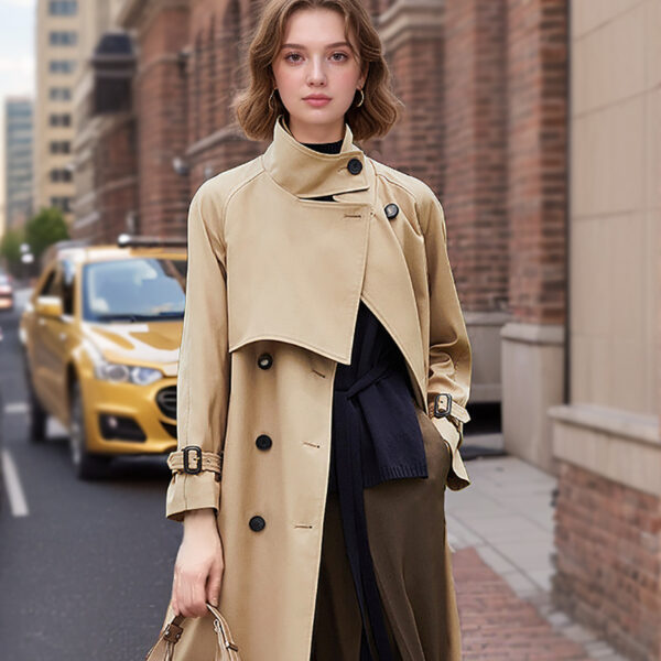 Trench Mi-Long Femme 2025 - Col Montant À Lacets, Fin, Longueur Genoux, Kaki