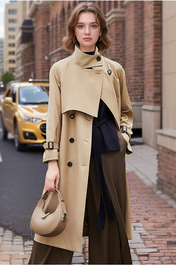 Trench Mi-Long Femme 2025 - Col Montant À Lacets, Fin, Longueur Genoux, Kaki – Image 2