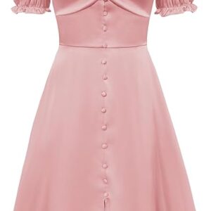 Robe Mi-Longue Satinée D'été 2025, Manches Courtes Bouffantes, Coupe A Style Swing Vintage Années 1950, Parfaite Pour Soirées