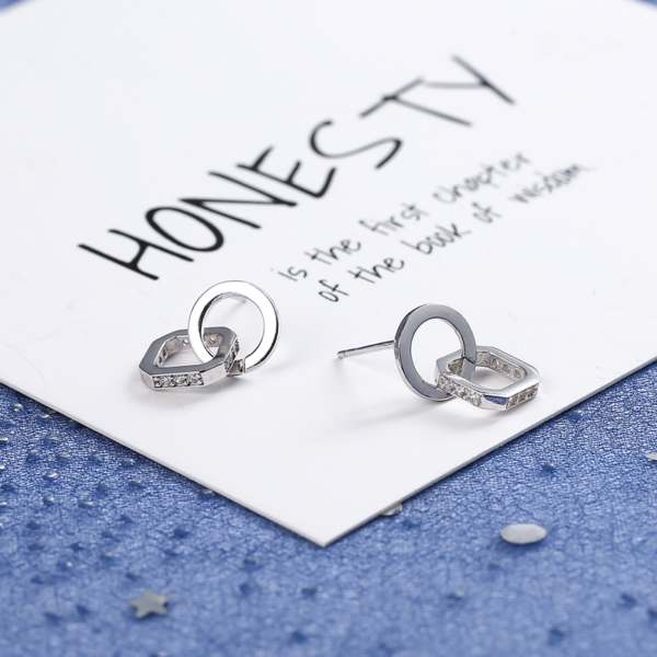 Boucles d'oreilles à clou géométriques (Ronde/Carrée) - Argent Sterling S925 - B017 – Image 2