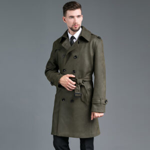 Trench Mi-Long Élégant Pour Homme En Daim Velours - Coupe Slim À Double Boutonnage - Vert Militaire