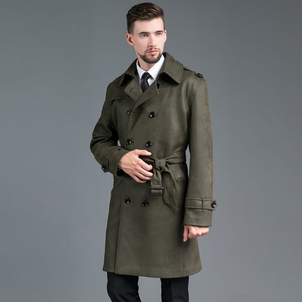 Trench Mi-Long Élégant Pour Homme En Daim Velours - Coupe Slim À Double Boutonnage - Vert Militaire