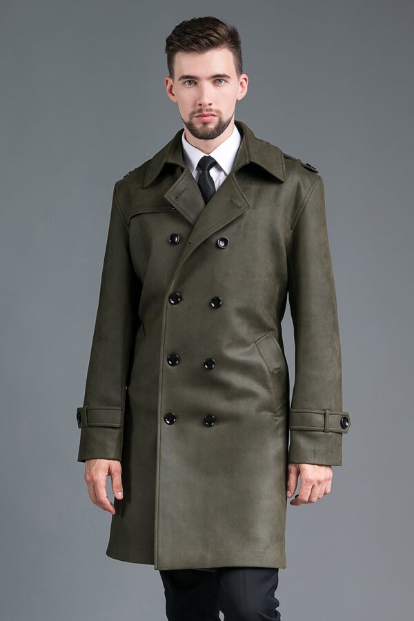 Trench Mi-Long Élégant Pour Homme En Daim Velours - Coupe Slim À Double Boutonnage - Vert Militaire – Image 2