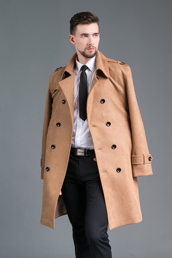 Trench Mi-Long En Daim Velours - Coupe Slim À Double Boutonnage - Camel – Image 7