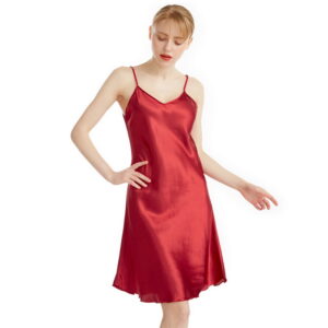 Chemise De Nuit Sexy En Soie Fine D'été, Décolleté En V, Bretelles Spaghetti, Longueur Genou, Couleur Unie Rouge