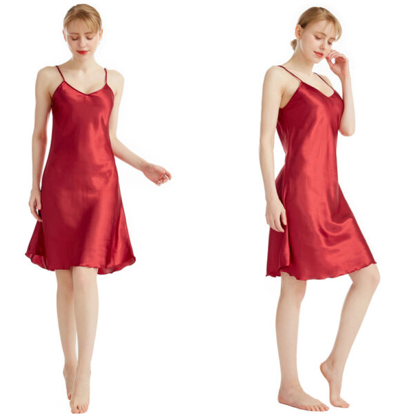 Chemise De Nuit Sexy En Soie Fine D'été, Décolleté En V, Bretelles Spaghetti, Longueur Genou, Couleur Unie Rouge – Image 3