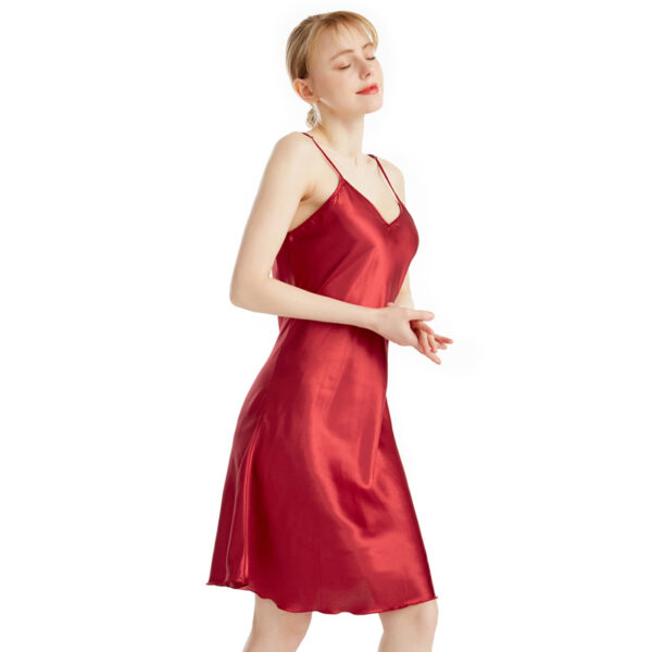 Chemise De Nuit Sexy En Soie Fine D'été, Décolleté En V, Bretelles Spaghetti, Longueur Genou, Couleur Unie Rouge – Image 2