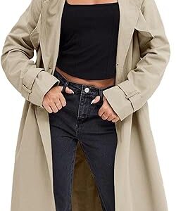 Trench Coat Long Femme Anti-Vent - Double Boutonnage, Poches À Rabat, Ceinture